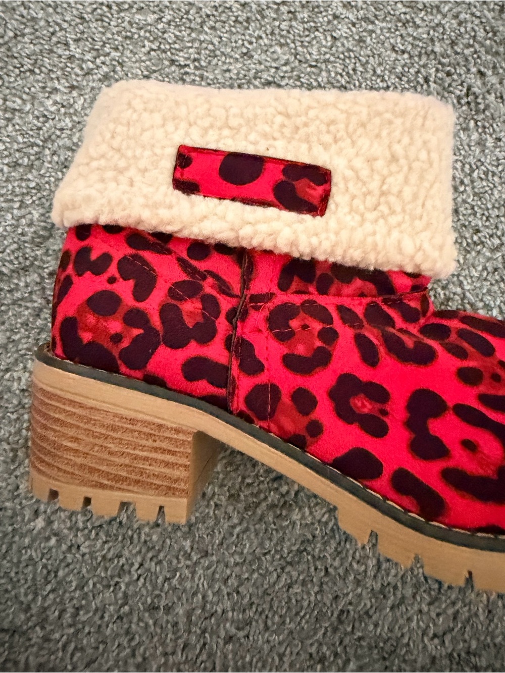 Faux-Shearling Cuffed Leopard Print Ankle Boots - Red
